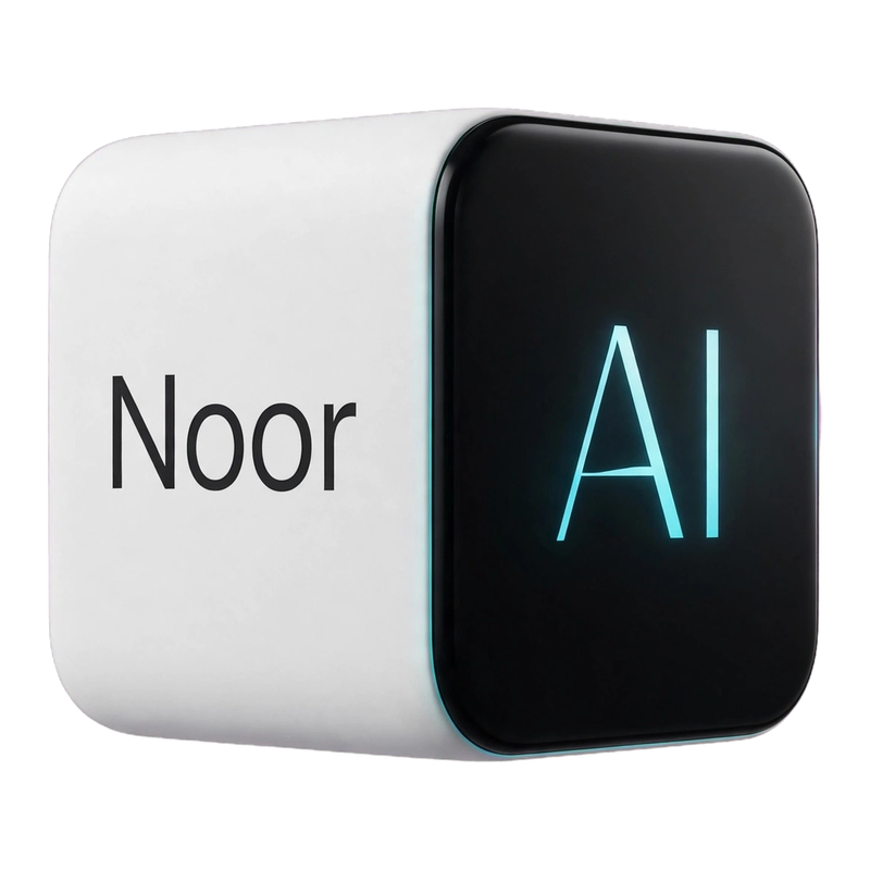 Noorbox AI helper box: a white rounded cube with the name Noor on one side and a glowing cyan AI screen on the other